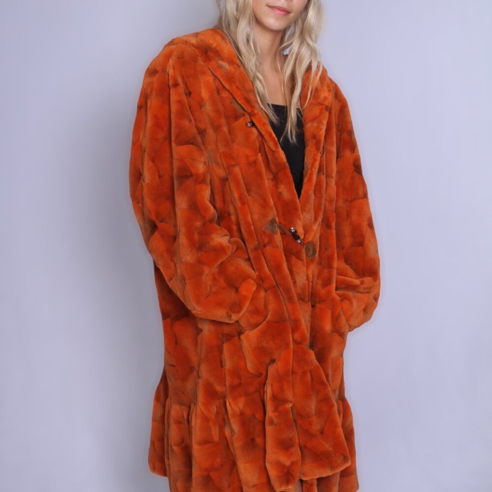 Vibrant Orange Sheared Mink Coat with Hood - Picture 7 of 7